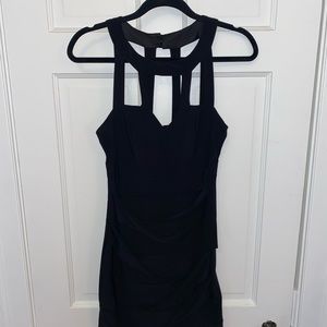 Black wrap, bodycon dress, with neck detail and button back